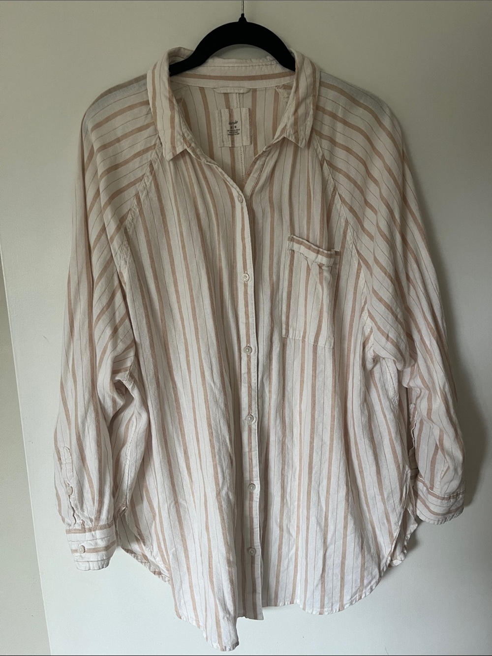 aerie linen Cream and Tan Striped Button-Up Shirt